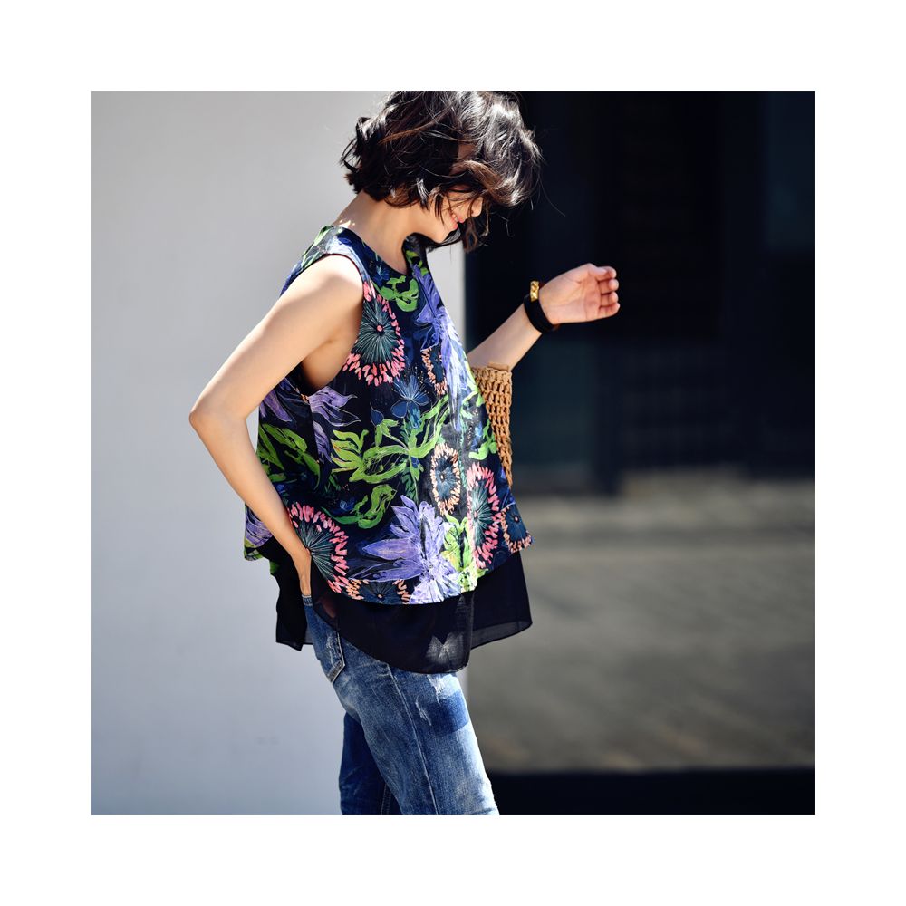 Free shipping B0119 artistic leisure simple ramie print small round neck short double layered vest A line sleeveless small shirt for women image 0