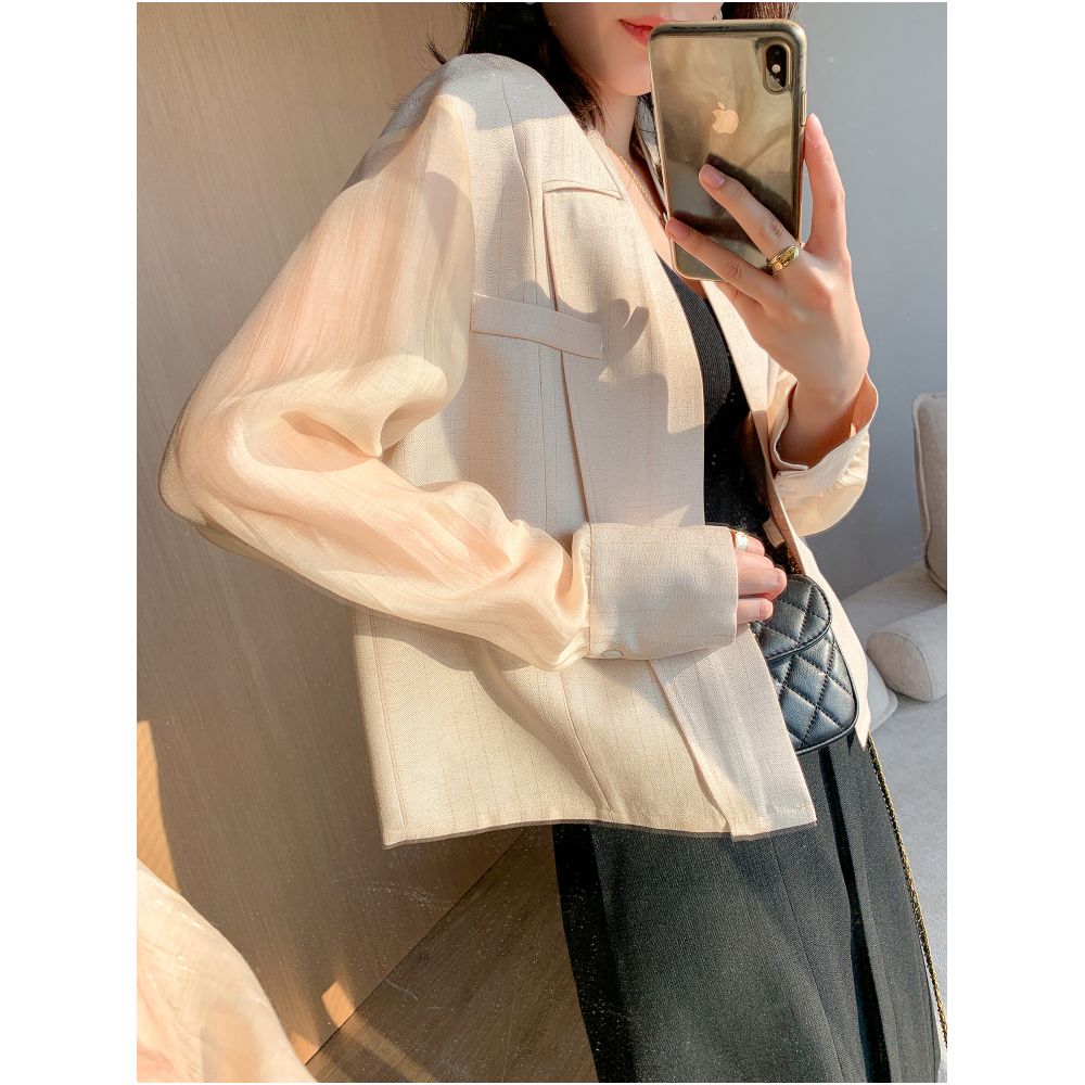 Light luxury design temperament women s top 2025 summer new splicing mesh small fragrant wind sunscreen short thin jacket cardigan image 3