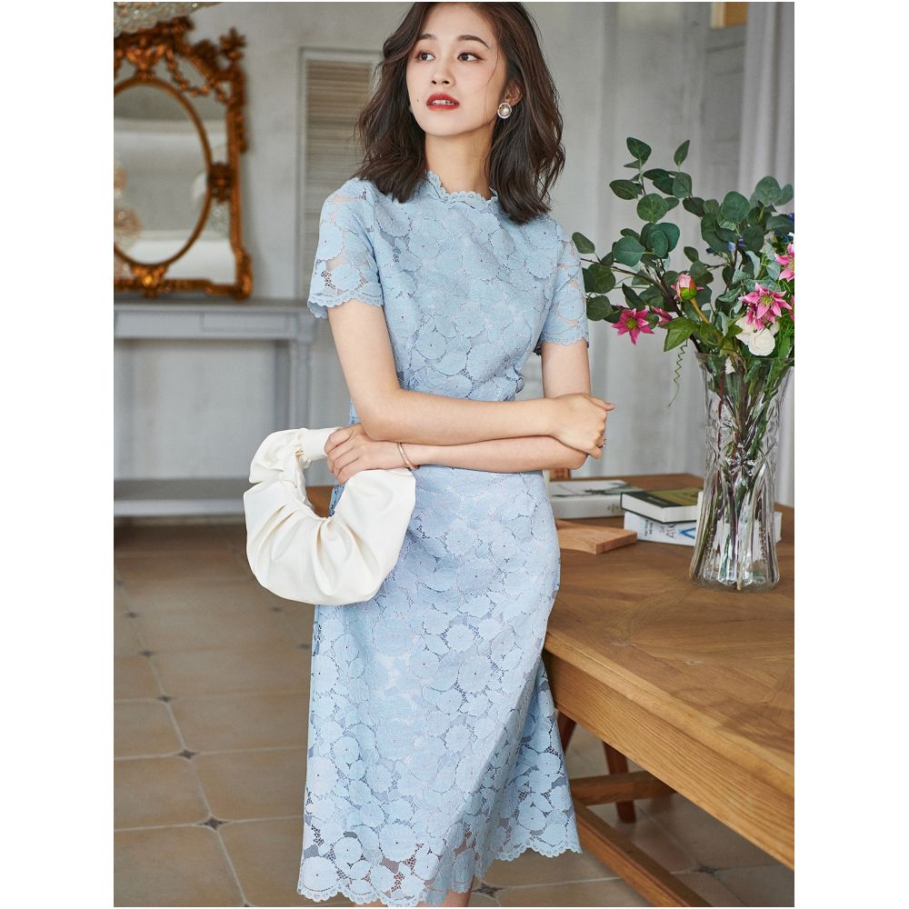Autumn slimming lace blue dress 474 short sleeved temperament French high waisted breathable small and stylish A line skirt image 2