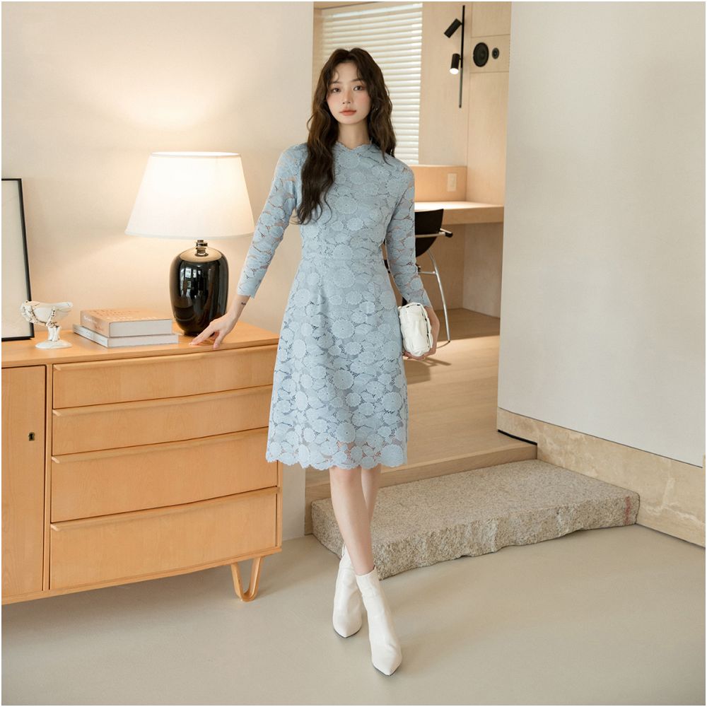 Asaya2164 : Spring and summer high-end lace blue dress 474 short-sleeved high waist style a-line skirt