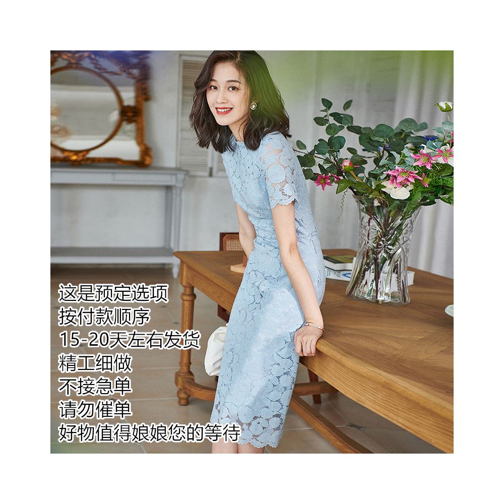 Autumn slimming lace blue dress 474 short sleeved temperament French high waisted breathable small and stylish A line skirt image 35