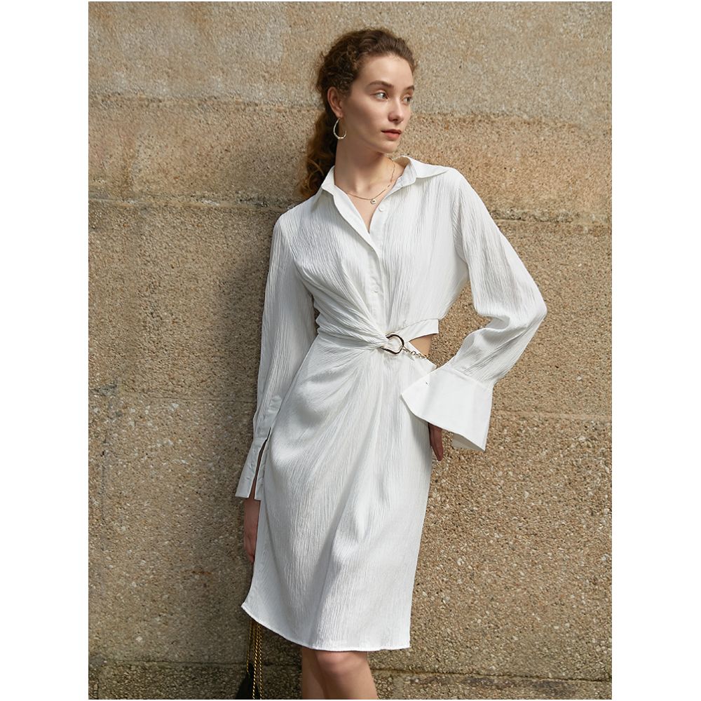 AEL original custom asymmetrical hollow waist dress autumn new style French white temperament shirt skirt for women image 12