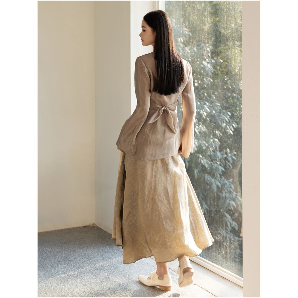 Silk fabric wrap around slim fit V neck flared sleeve small shirt with elegant temperament long sleeved top for women sold out but not restocked image 24