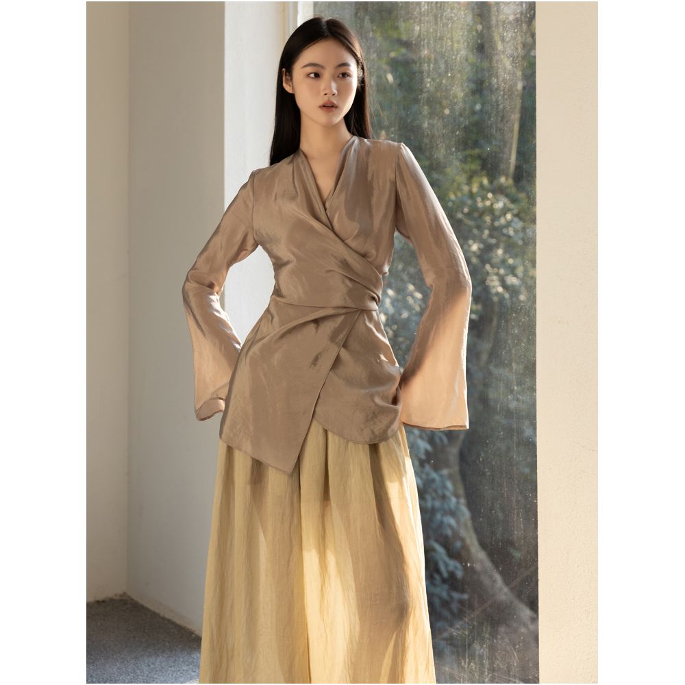 Silk fabric wrap around slim fit V neck flared sleeve small shirt with elegant temperament long sleeved top for women sold out but not restocked image 25