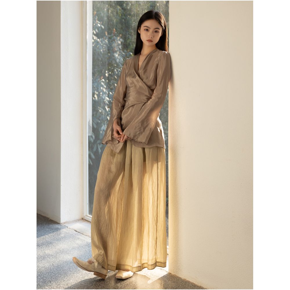 Silk fabric wrap around slim fit V neck flared sleeve small shirt with elegant temperament long sleeved top for women sold out but not restocked image 1