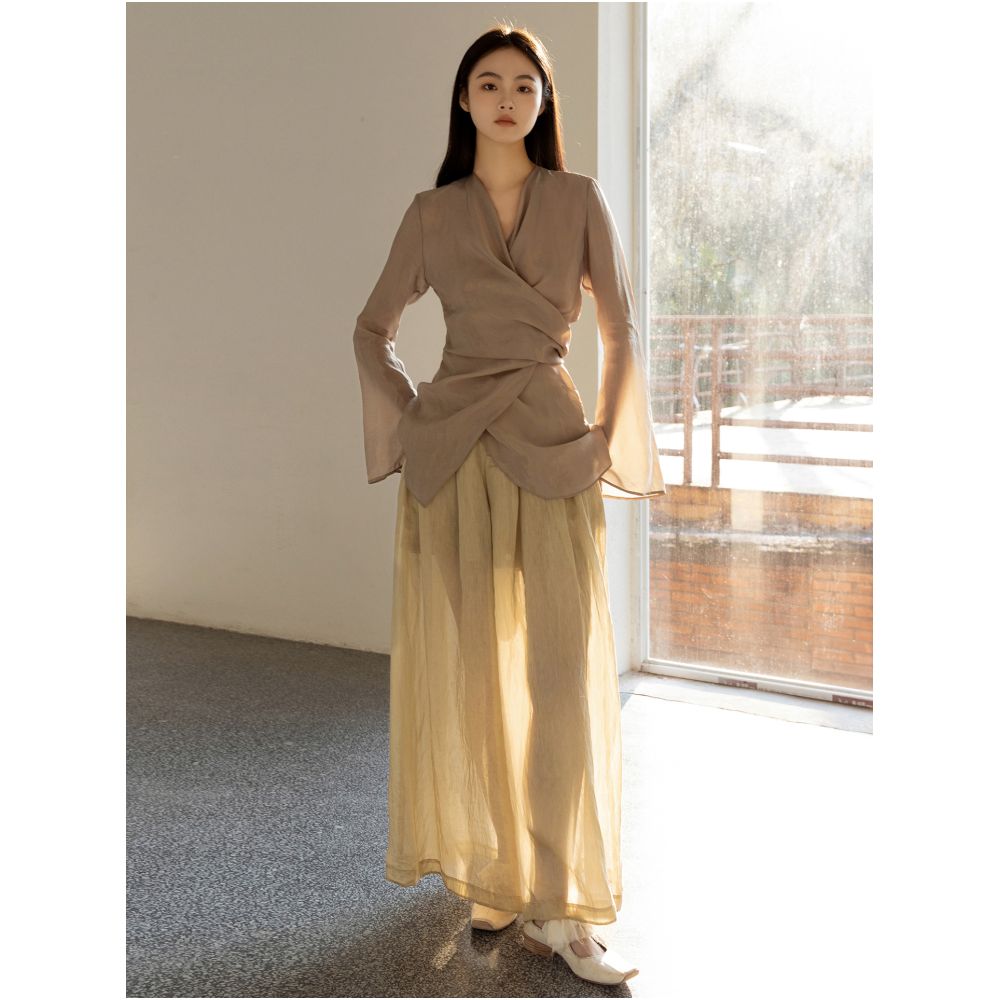 Silk fabric wrap around slim fit V neck flared sleeve small shirt with elegant temperament long sleeved top for women sold out but not restocked image 0