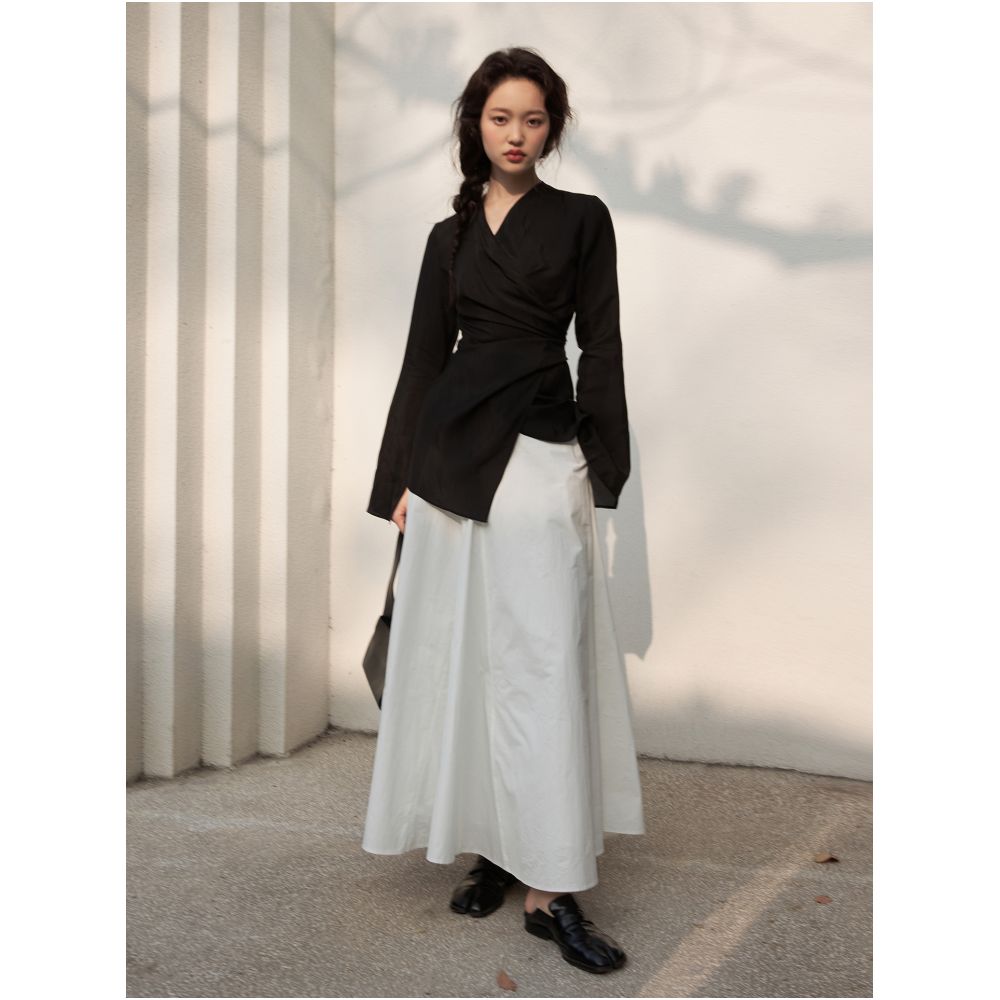 Silk fabric wrap around slim fit V neck flared sleeve small shirt with elegant temperament long sleeved top for women sold out but not restocked image 3
