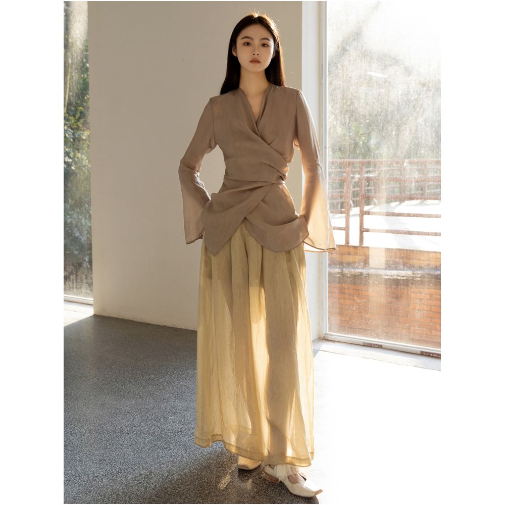 Asaya2159 : Silk fabric wrap-style slim v-neck trumpet sleeve shirt spring and summer elegant temperament long-sleeved top women