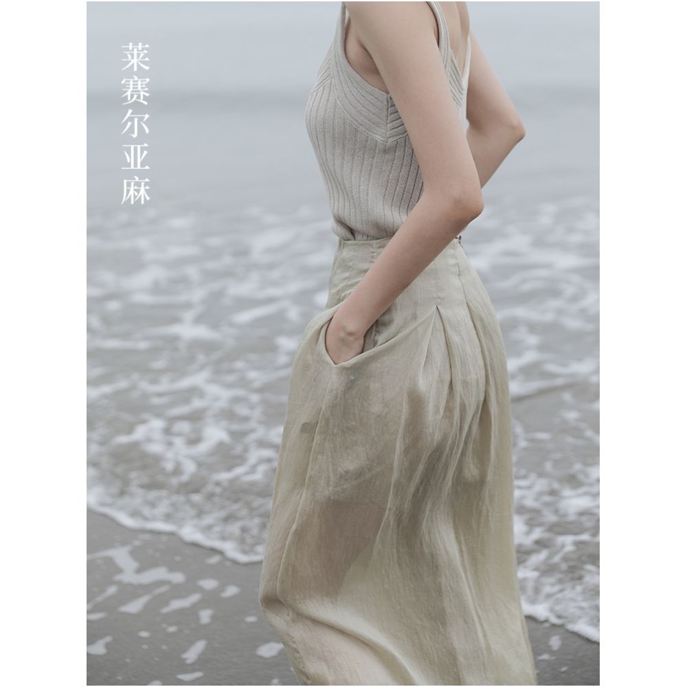 Glossy high waisted hanging thin Lyocell linen wide leg pants for women with Zen style loose and slimming pants design sense image 3
