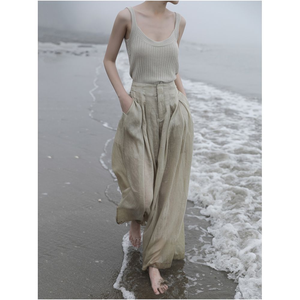 Asaya2157 : Glossy high waist drape thin linen wide-leg pants