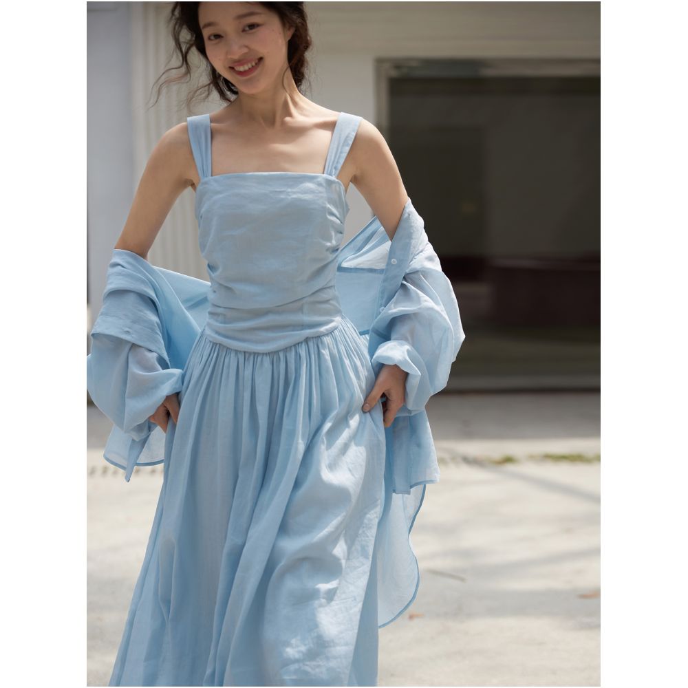 April Day in the Human World White Hemp Cotton Set Retro Curved Waist Strap Skirt Small Lantern Sleeve Shirt for Women image 0