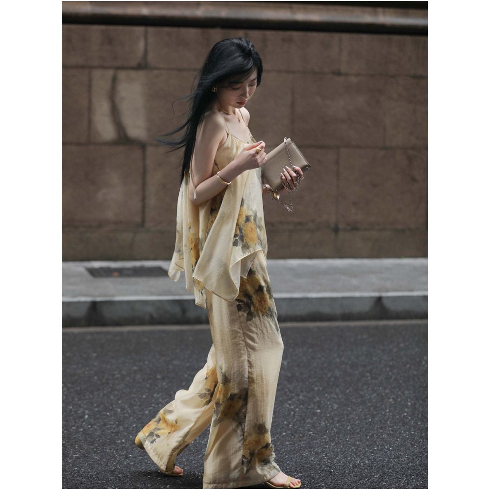 30 off Clear Warehouse Summer Poetry and Prose Ink Pen Flowery Lyocell Loose Printed Strap High Waist Wide Leg Pants Women s Summer image 0