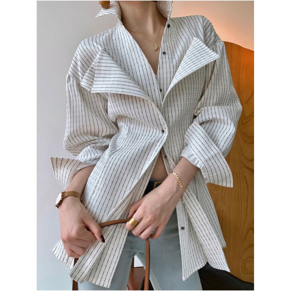 Single breasted lapel striped temperament commuting work waist cinched shirt 2024 autumn new light mature casual shirt for women image 1