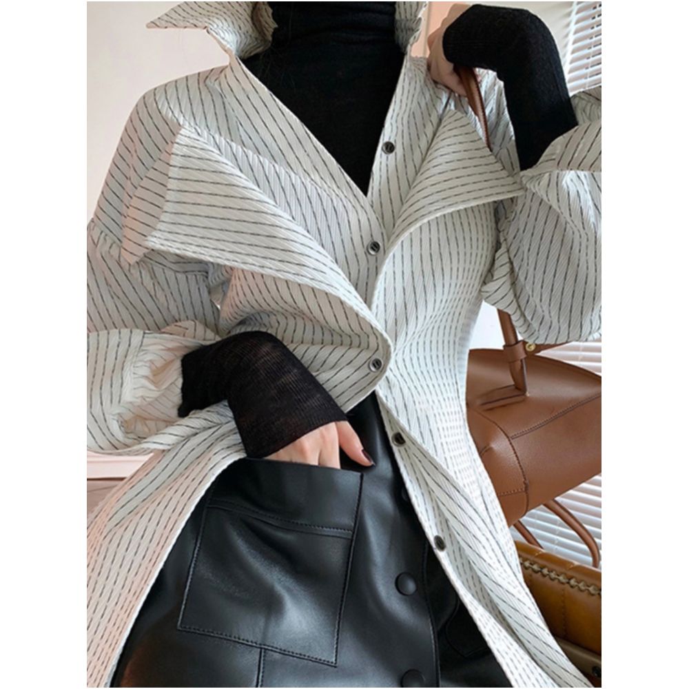 Single breasted lapel striped temperament commuting work waist cinched shirt 2024 autumn new light mature casual shirt for women image 2