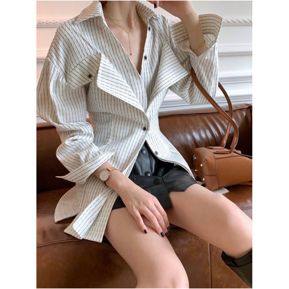Single breasted lapel striped temperament commuting work waist cinched shirt 2024 autumn new light mature casual shirt for women image 3