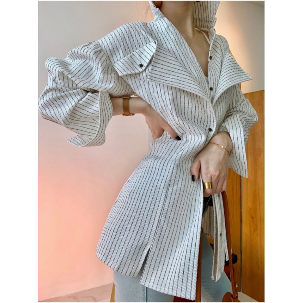 Single breasted lapel striped temperament commuting work waist cinched shirt 2024 autumn new light mature casual shirt for women image 4