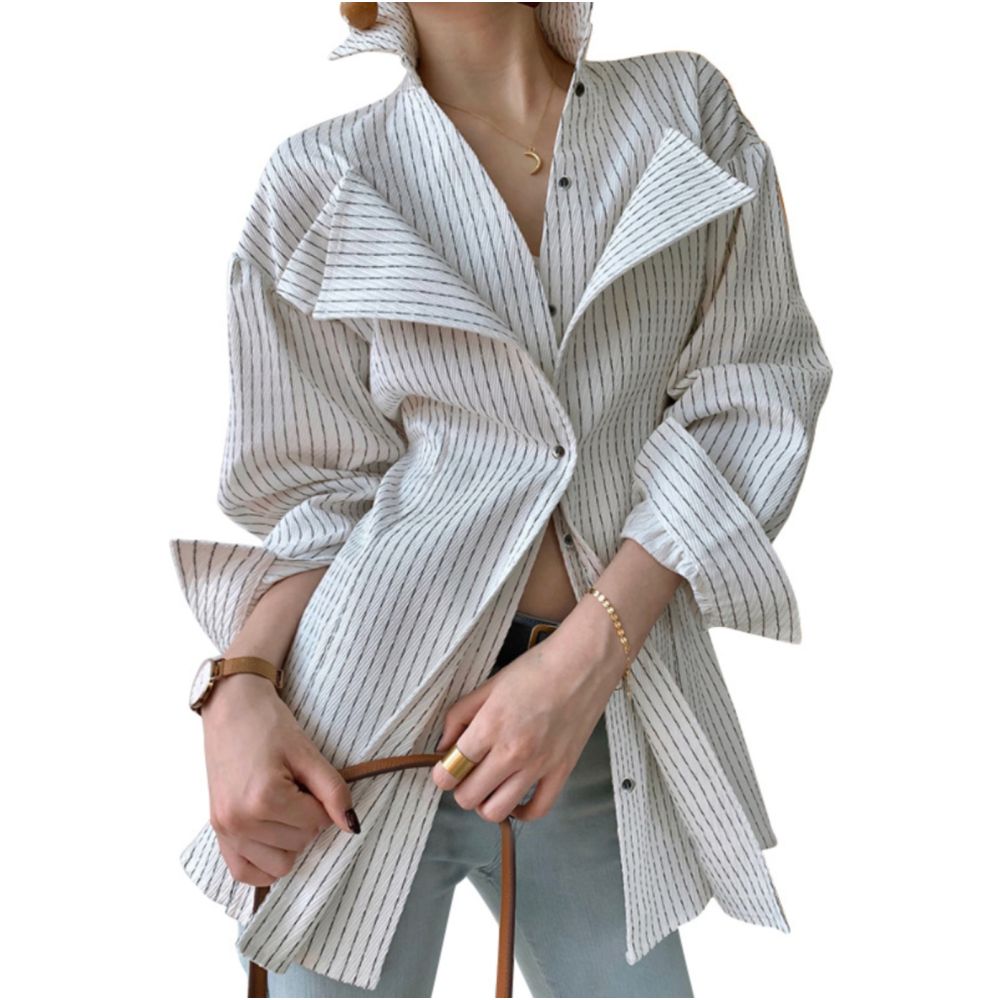 Single breasted lapel striped temperament commuting work waist cinched shirt 2024 autumn new light mature casual shirt for women image 5