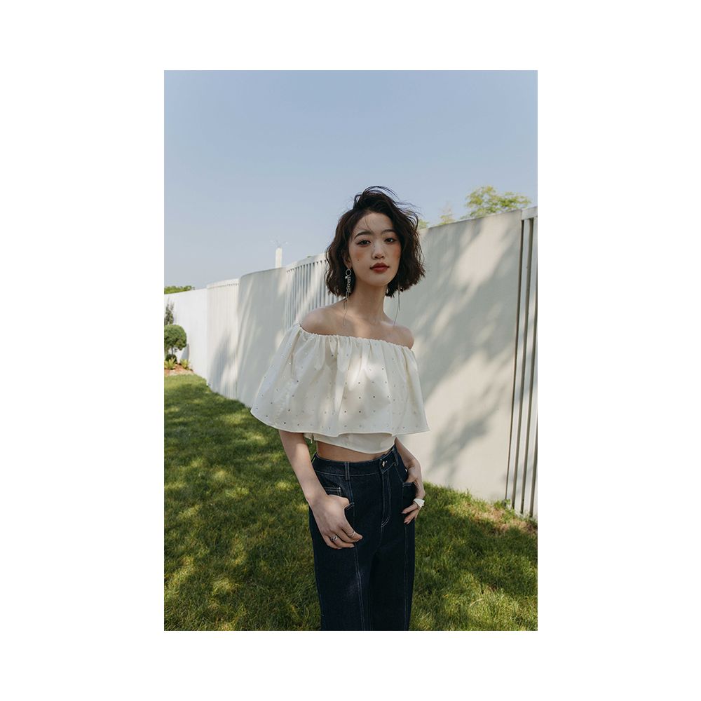 Rosebanks Shining Diamond Candy Heavy Industry Diamond studded Beads One Collar Ruffle Short High Waist Shirt image 2