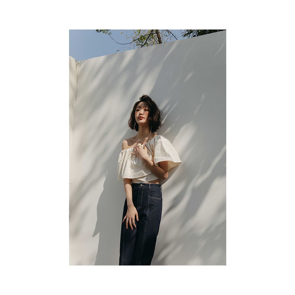Rosebanks Shining Diamond Candy Heavy Industry Diamond studded Beads One Collar Ruffle Short High Waist Shirt image 3