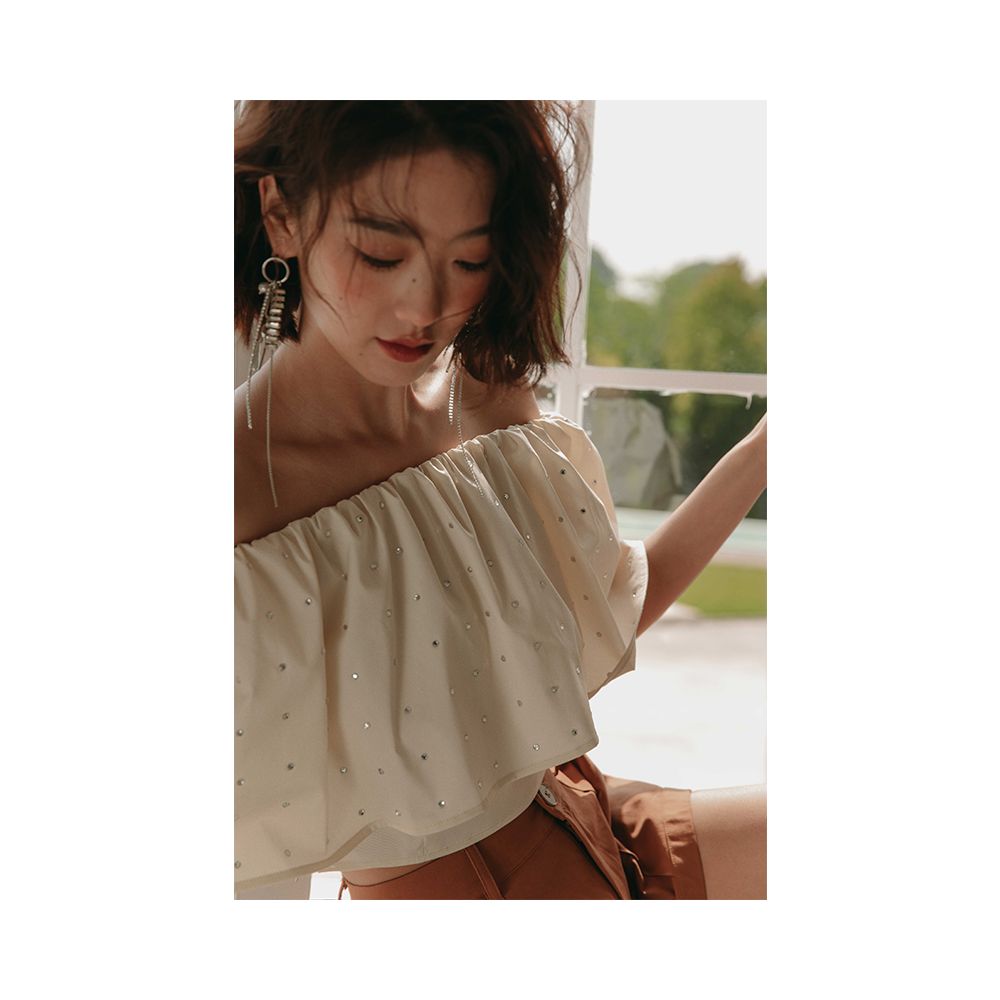 Rosebanks Shining Diamond Candy Heavy Industry Diamond studded Beads One Collar Ruffle Short High Waist Shirt image 4
