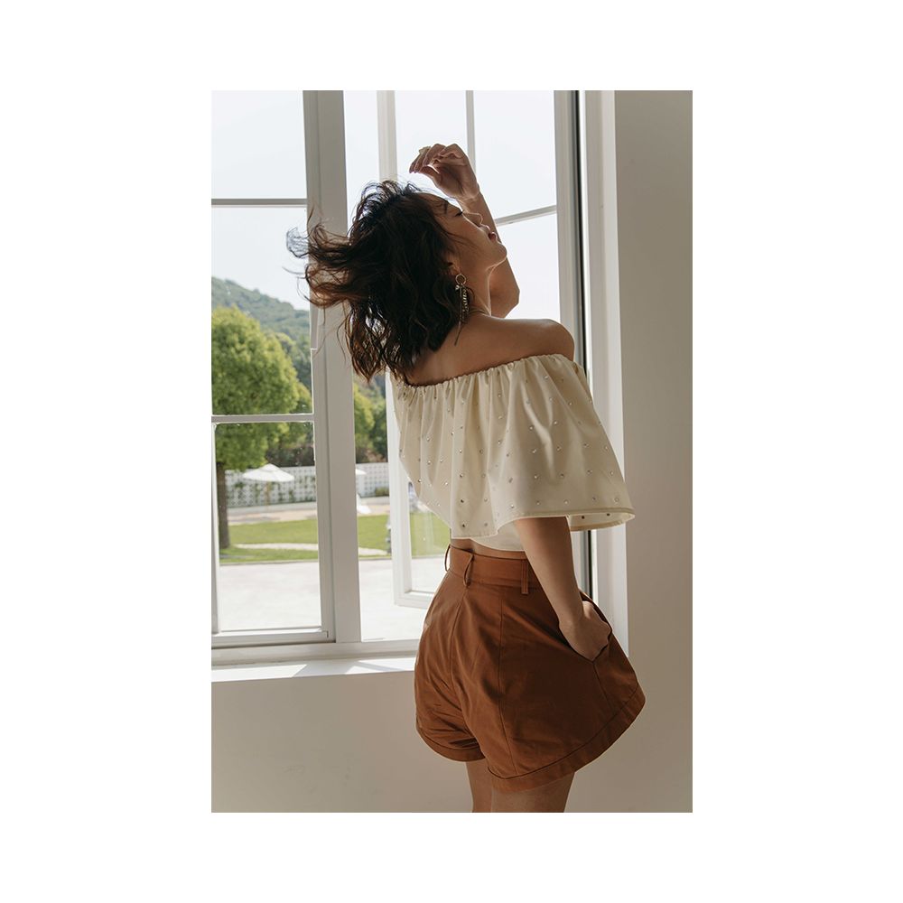 Rosebanks Shining Diamond Candy Heavy Industry Diamond studded Beads One Collar Ruffle Short High Waist Shirt image 5