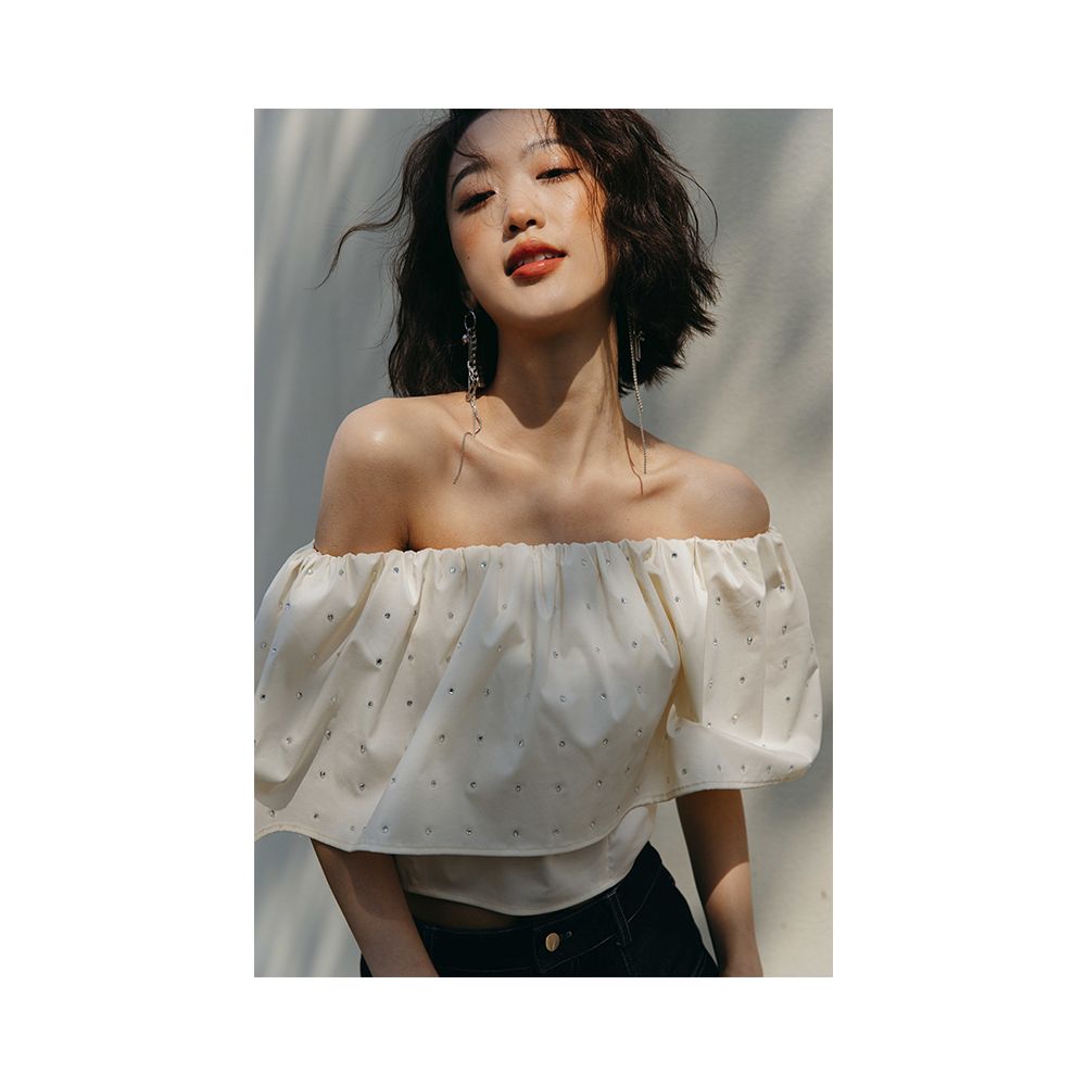 Rosebanks Shining Diamond Candy Heavy Industry Diamond studded Beads One Collar Ruffle Short High Waist Shirt image 6