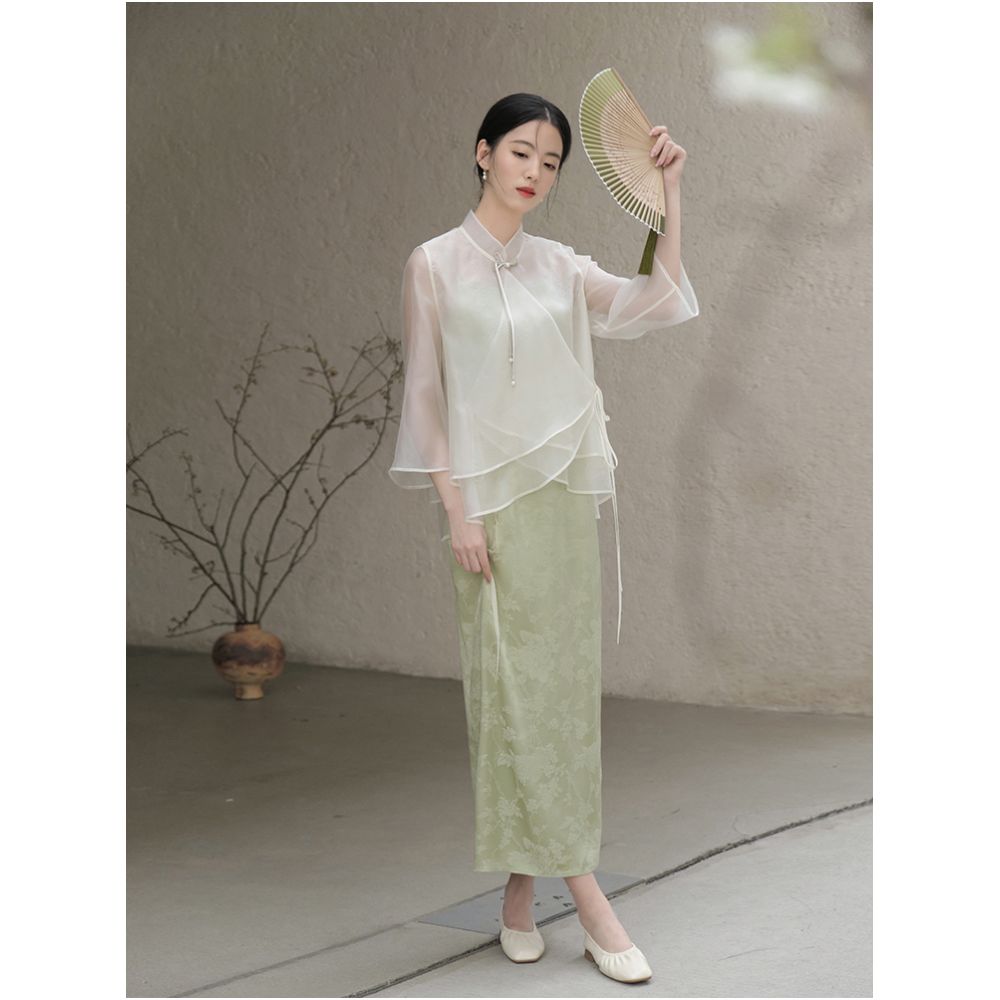 Mountain Colored Spring and Summer New Chinese Top Original Daily Chinese Style Retro Women s Zen Tea Clothes Strap Skirt Set image 2