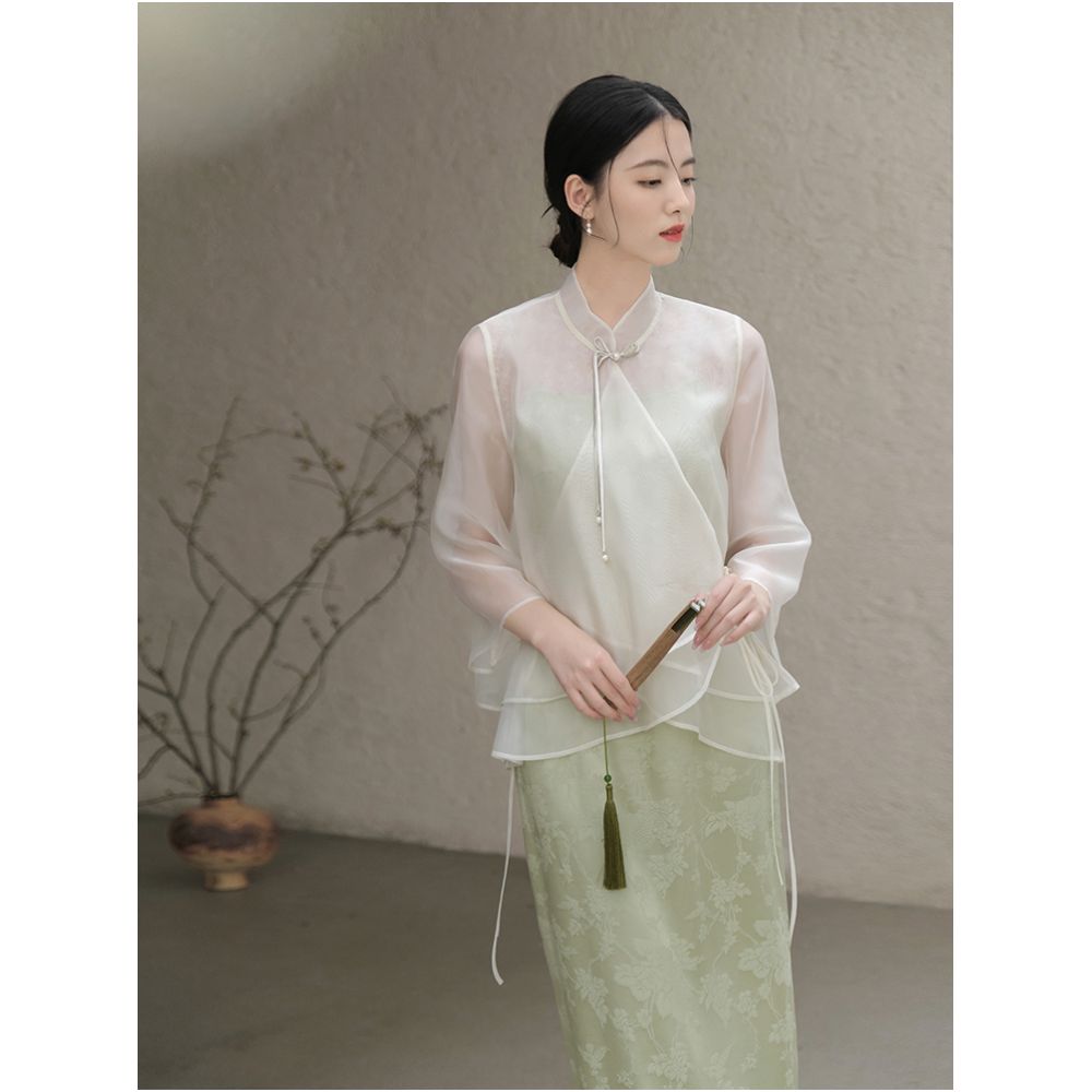 Mountain Colored Spring and Summer New Chinese Top Original Daily Chinese Style Retro Women s Zen Tea Clothes Strap Skirt Set image 3
