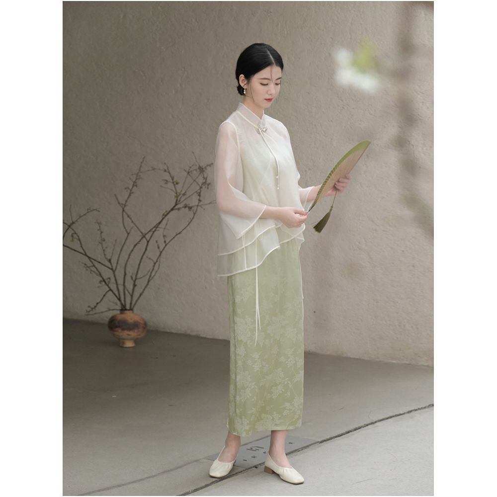 Mountain Colored Spring and Summer New Chinese Top Original Daily Chinese Style Retro Women s Zen Tea Clothes Strap Skirt Set image 4