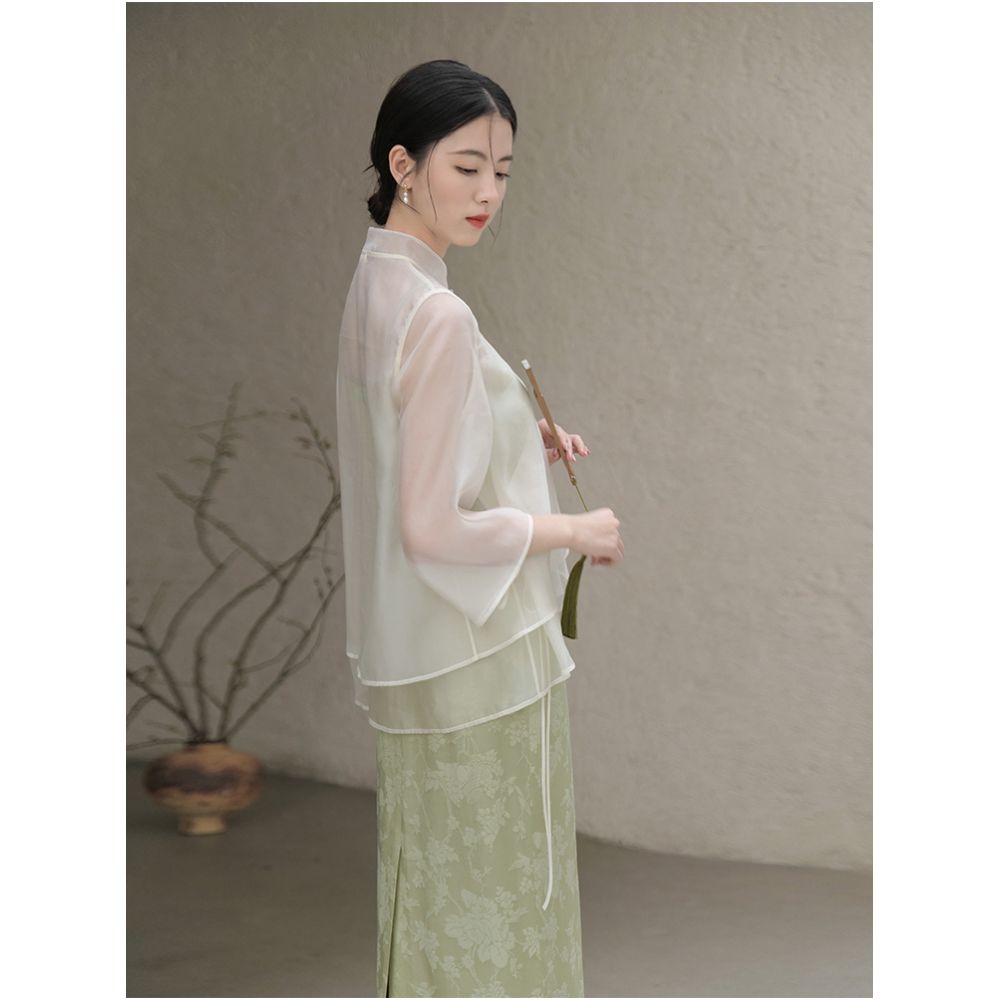 Mountain Colored Spring and Summer New Chinese Top Original Daily Chinese Style Retro Women s Zen Tea Clothes Strap Skirt Set image 5