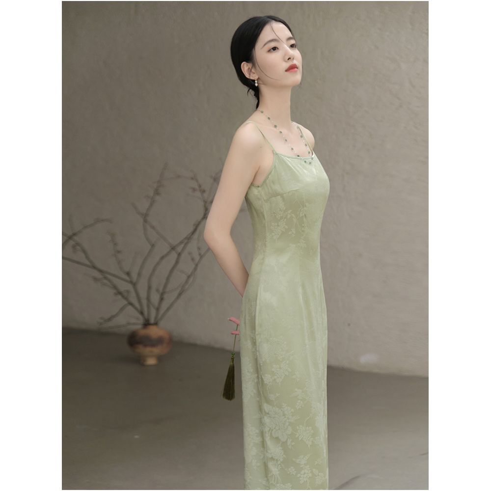 Mountain Colored Spring and Summer New Chinese Top Original Daily Chinese Style Retro Women s Zen Tea Clothes Strap Skirt Set image 14
