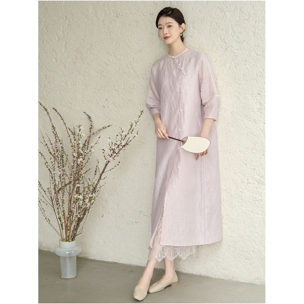 Mountain Colored Spring and Summer New Chinese Tea Dress Long Dress Chinese Style Women s Dress Elegant Daily Commuting Slant Front Improved Dress image 2