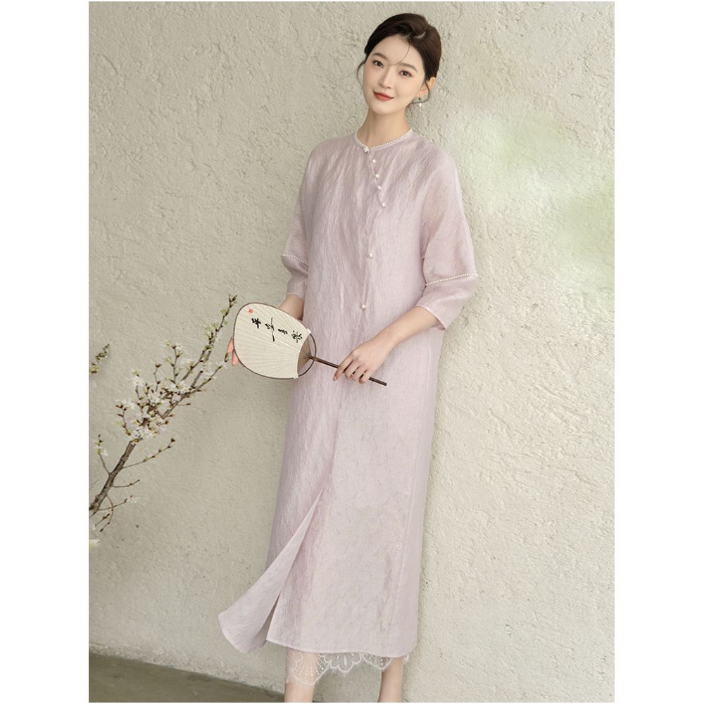 Mountain Colored Spring and Summer New Chinese Tea Dress Long Dress Chinese Style Women s Dress Elegant Daily Commuting Slant Front Improved Dress image 3