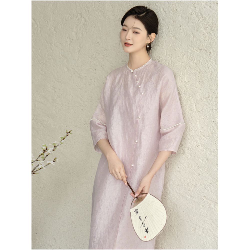 Mountain Colored Spring and Summer New Chinese Tea Dress Long Dress Chinese Style Women s Dress Elegant Daily Commuting Slant Front Improved Dress image 4