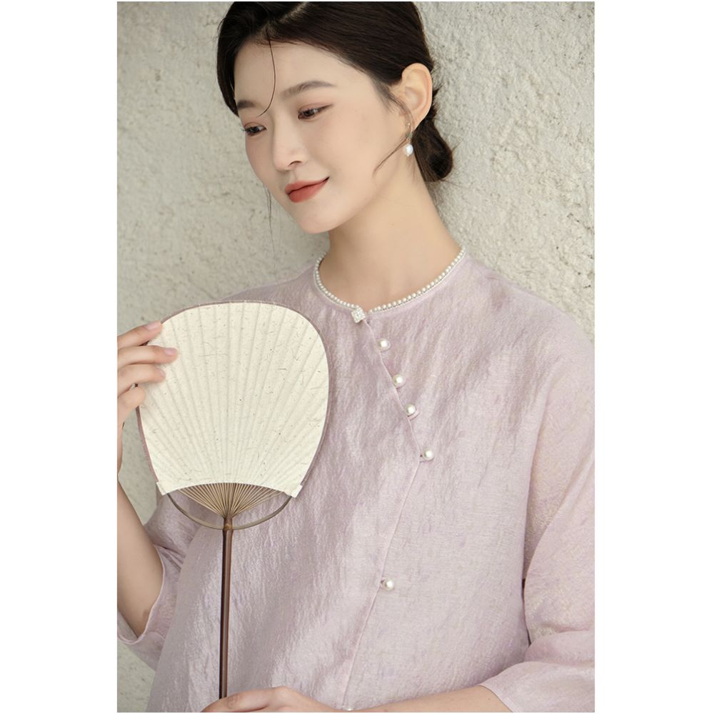 Mountain Colored Spring and Summer New Chinese Tea Dress Long Dress Chinese Style Women s Dress Elegant Daily Commuting Slant Front Improved Dress image 5