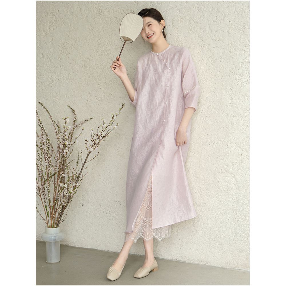 Mountain Colored Spring and Summer New Chinese Tea Dress Long Dress Chinese Style Women s Dress Elegant Daily Commuting Slant Front Improved Dress image 0