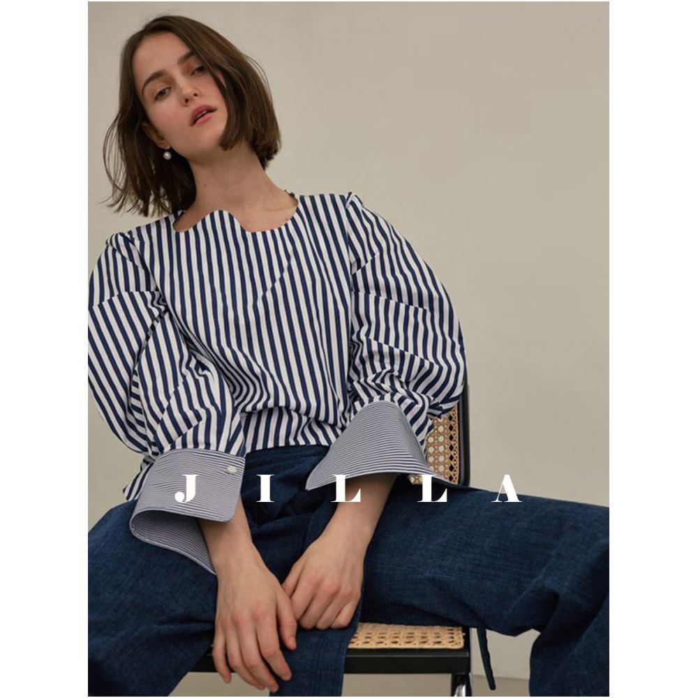 JILLA2024 Spring Summer Fashionable Loose and Versatile Long Sleeve Irregular Collar Striped Shirt Pullover Splicing Top image 2