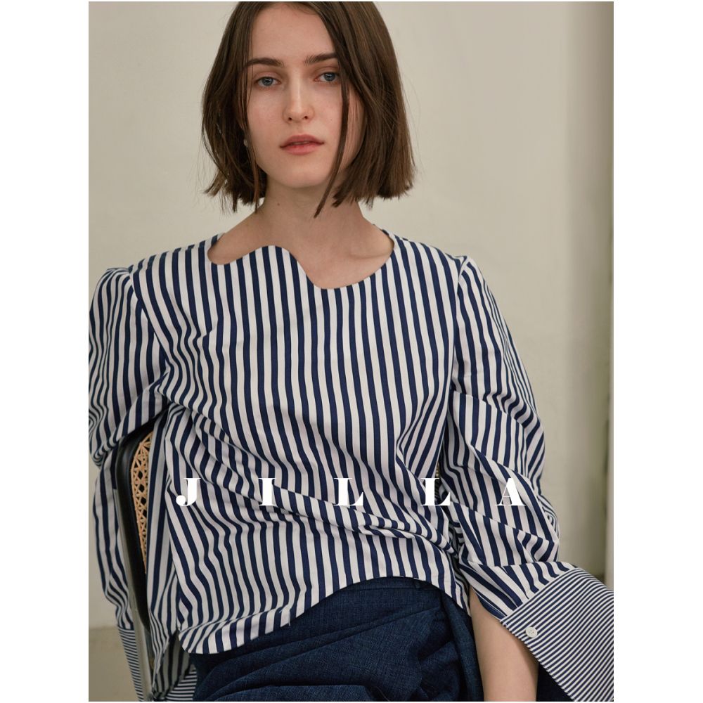 JILLA2024 Spring Summer Fashionable Loose and Versatile Long Sleeve Irregular Collar Striped Shirt Pullover Splicing Top image 3