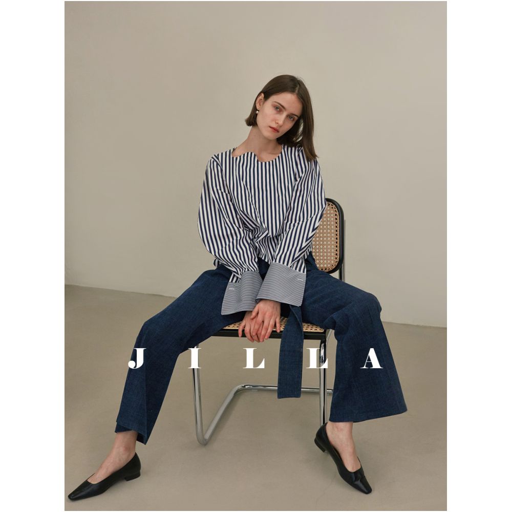 JILLA2024 Spring Summer Fashionable Loose and Versatile Long Sleeve Irregular Collar Striped Shirt Pullover Splicing Top image 4