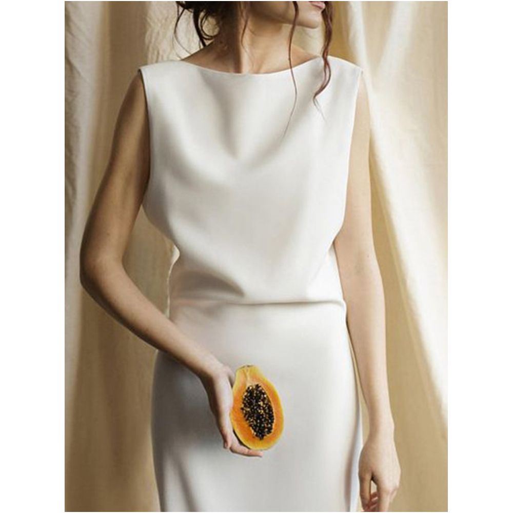 JILLA spring and summer all match white acetate dress slim matte commuting sleeveless cover side breast hip skirt image 2