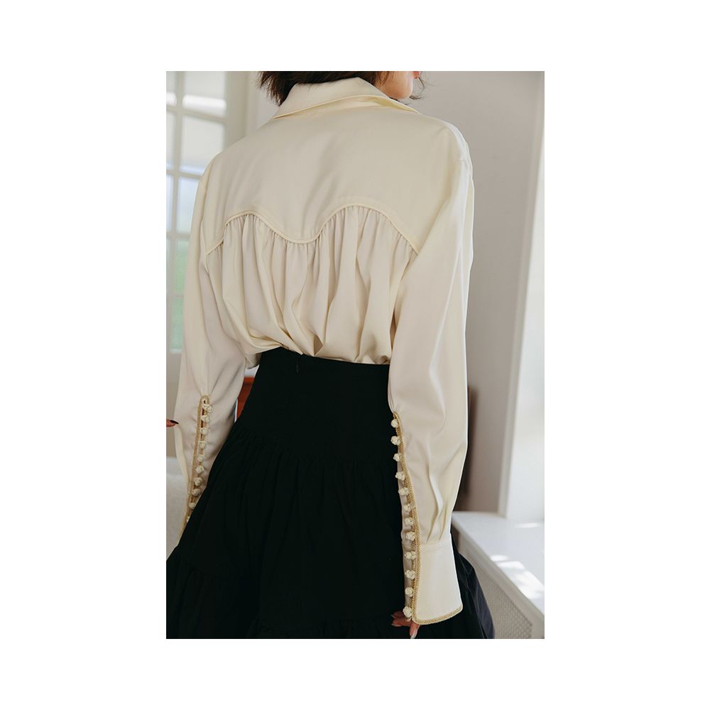 Rosebanks Downton Abbey buckle gold border detail full of cream colored commuting heavy industry pleated shirt image 2