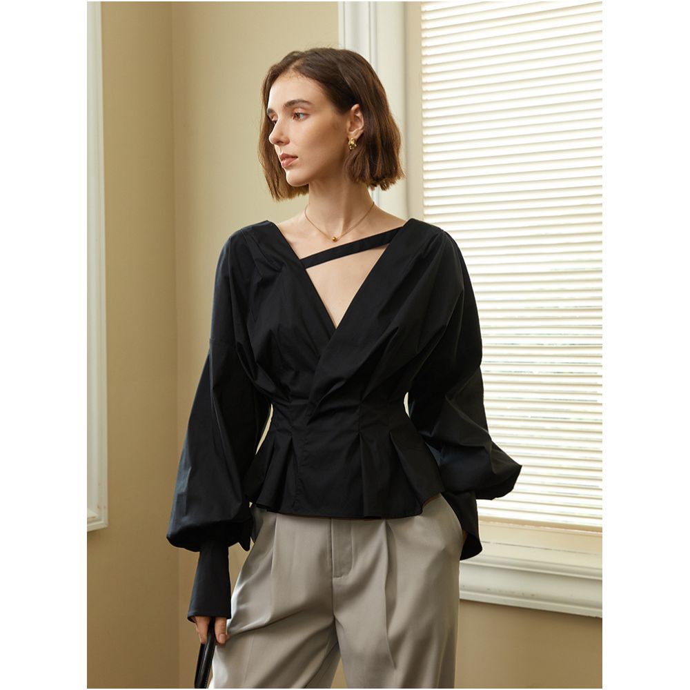 AEL original custom French lantern sleeve V neck long sleeved shirt for women s autumn new commuting street photography design sense top image 0