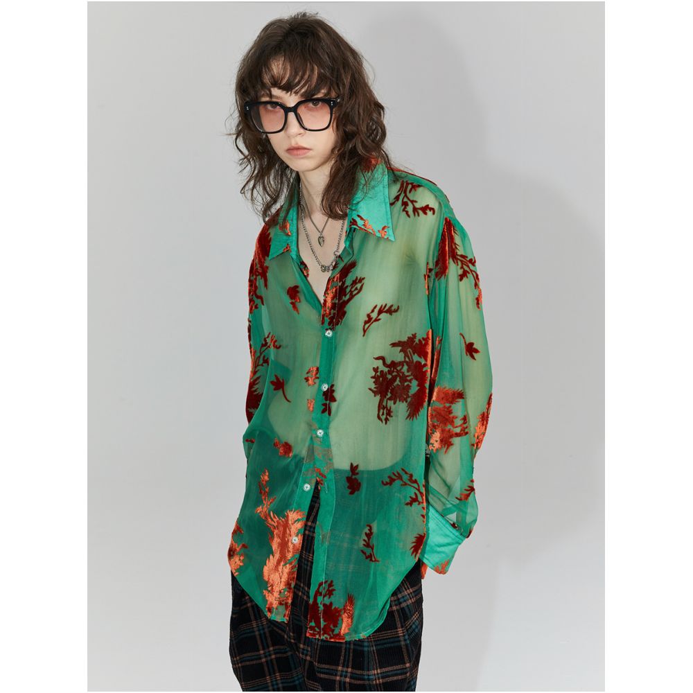 Polaroid Romantic Photo 22AW Vintage Phoenix Flocked Silk Georgette Green Transparent Loose Shirt Unisex image 2