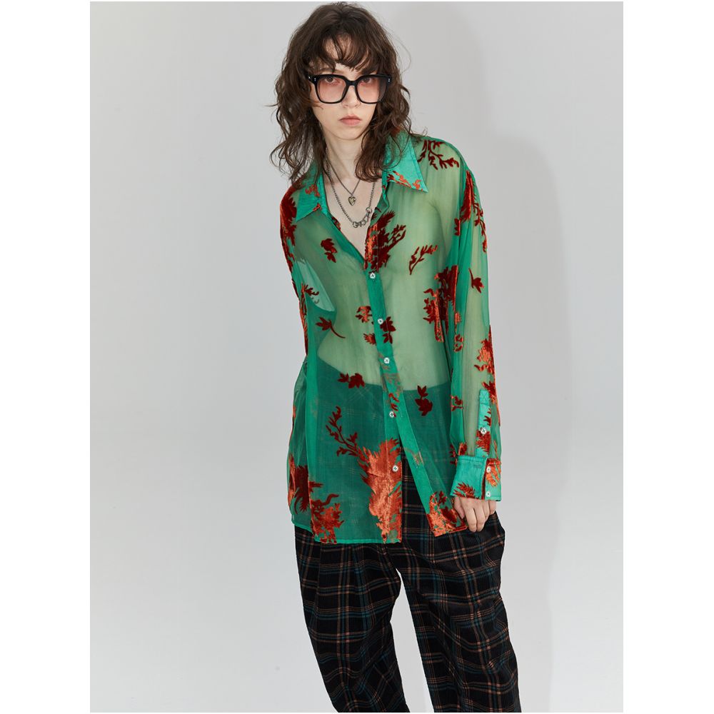 Polaroid Romantic Photo 22AW Vintage Phoenix Flocked Silk Georgette Green Transparent Loose Shirt Unisex image 3