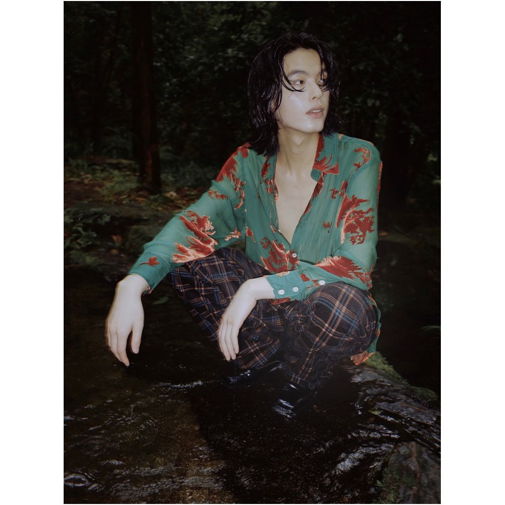 Polaroid Romantic Photo 22AW Vintage Phoenix Flocked Silk Georgette Green Transparent Loose Shirt Unisex image 4