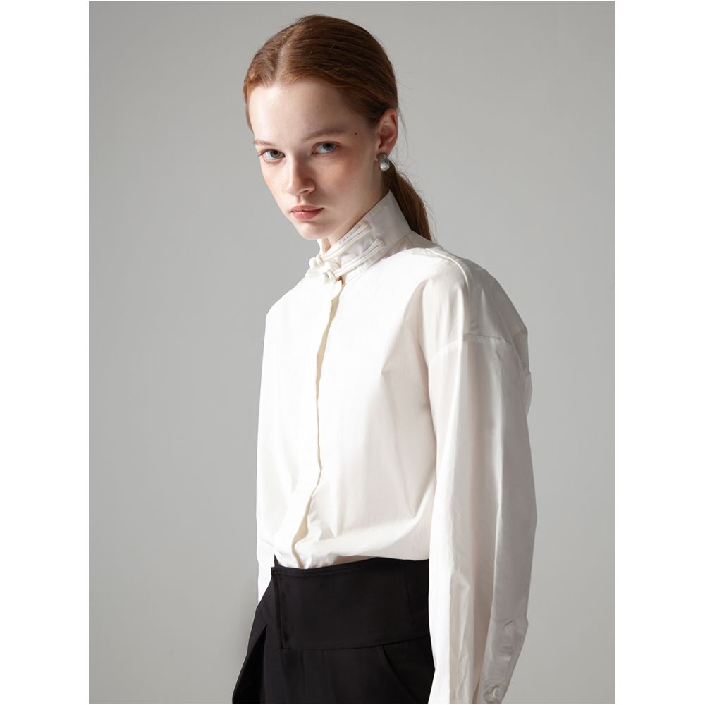JILLA2024 Autumn Winter New Chinese style Stand up Collar Pan Button Imported Horse Cotton White Shirt Loose Long Sleeve Minimalist Shirt image 2