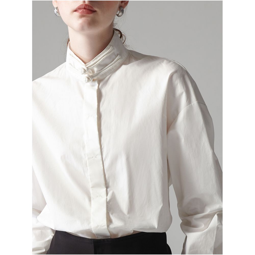 JILLA2024 Autumn Winter New Chinese style Stand up Collar Pan Button Imported Horse Cotton White Shirt Loose Long Sleeve Minimalist Shirt image 3