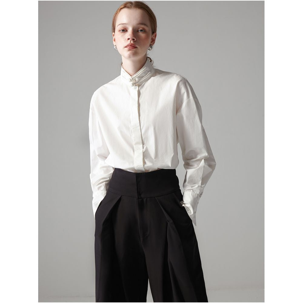 JILLA2024 Autumn Winter New Chinese style Stand up Collar Pan Button Imported Horse Cotton White Shirt Loose Long Sleeve Minimalist Shirt image 4