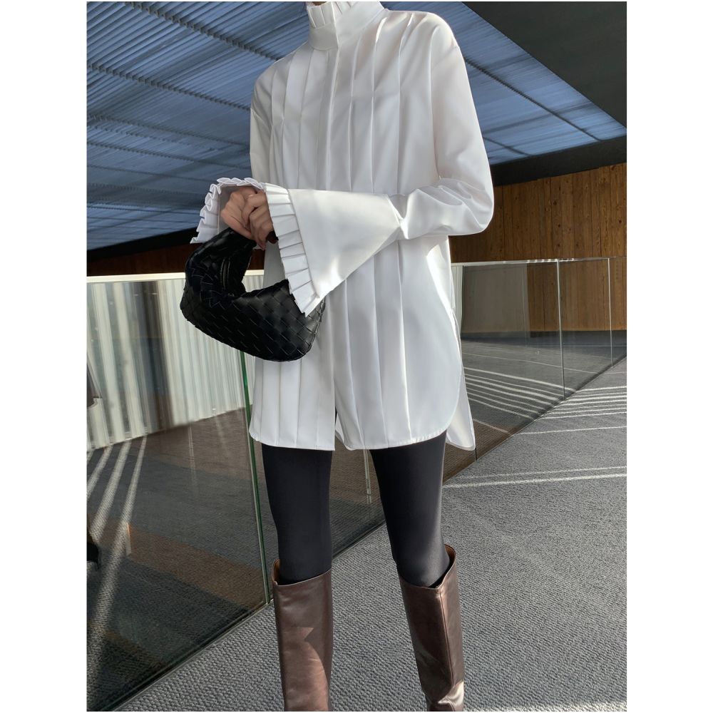 High temperature pleated lace collar with sub gloss loose shirt women s design sense niche spring new item image 6