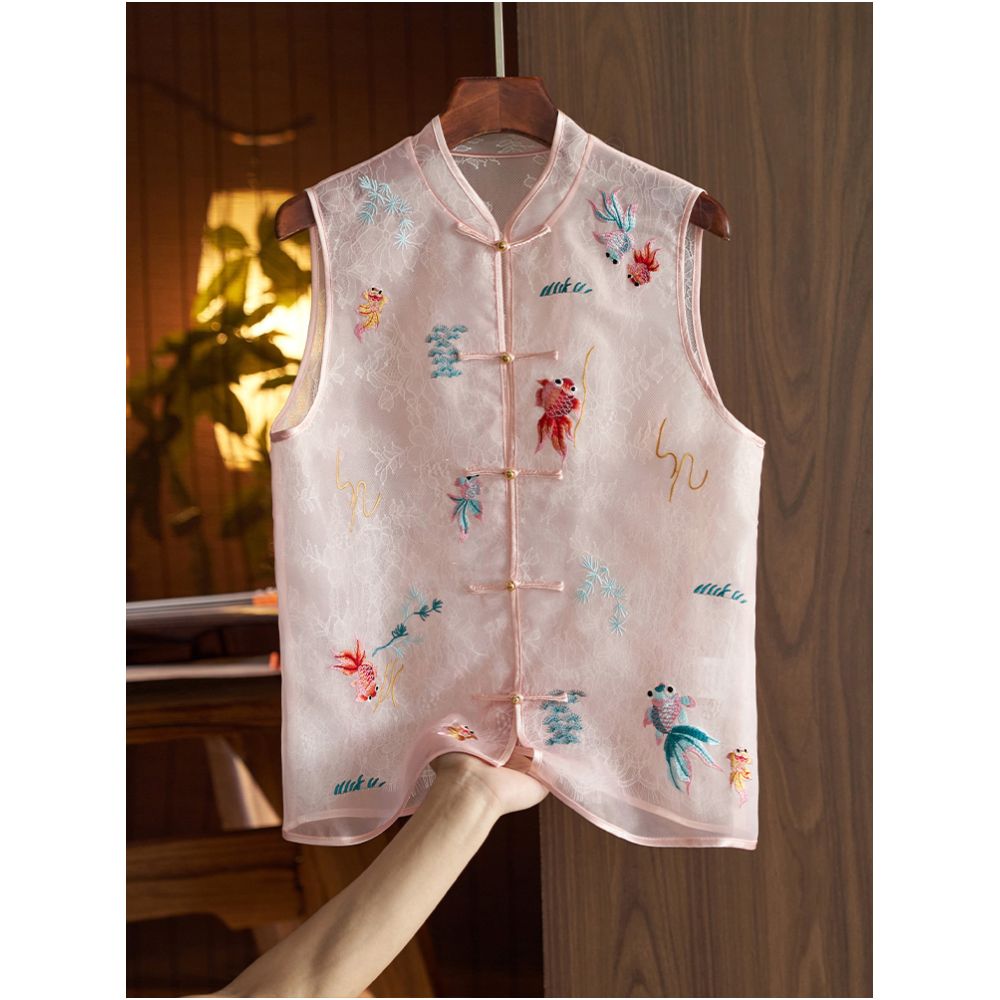 Silk organza vest vest high end women s summer new style light retro national style embroidery new Chinese style top image 1